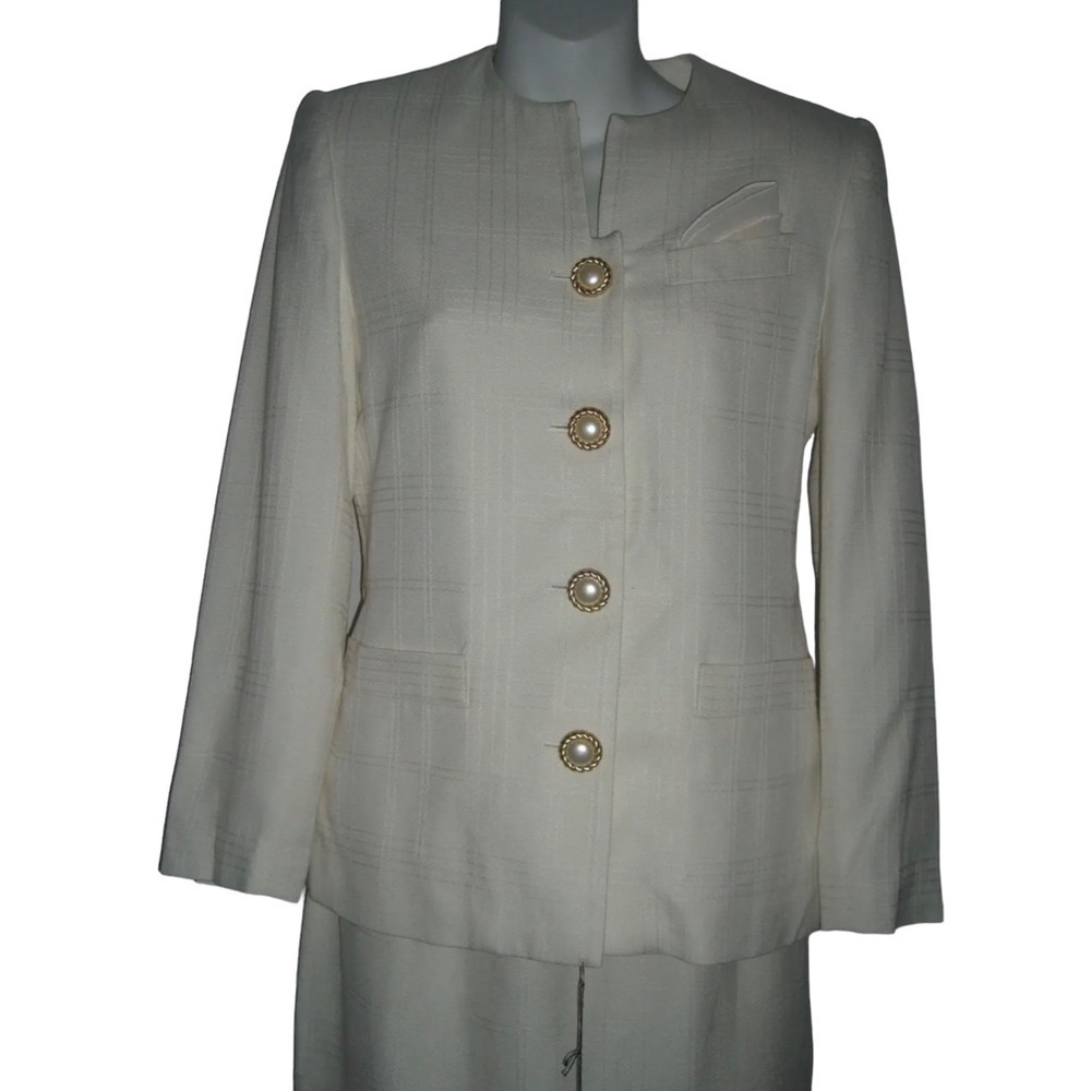 Vintage 90's Petite Sophisticate Suit Plaid Ivory Pearl Buttons Blazer Suit NWT - Picture 3 of 16